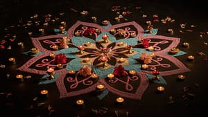 Diwali celebration with colorful decorations, diyas, and lights