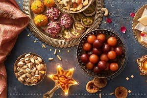Assortment of colorful and delicious Diwali sweets and treats